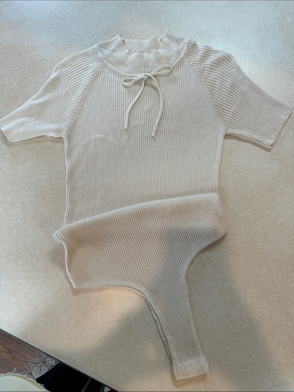 For Love And Lemons Cream Ribbed Tie-Neck Bodysuit